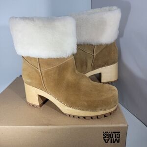 MIA Jildie Rust Suede Ankle Boots Sz 10 Wooden Clog Sheepskin Fur Boho Brazil